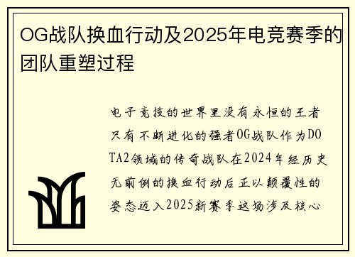 OG战队换血行动及2025年电竞赛季的团队重塑过程